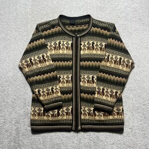 VINTAGE Artesania Cardigan Sweater Womens Large Green Brown Alpaca Wool Knit Zip